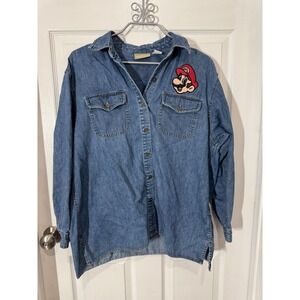 Vintage Liz Claiborne Lizwear Denim Shirt L Button Down Mario Patch 90s‎ Y2K